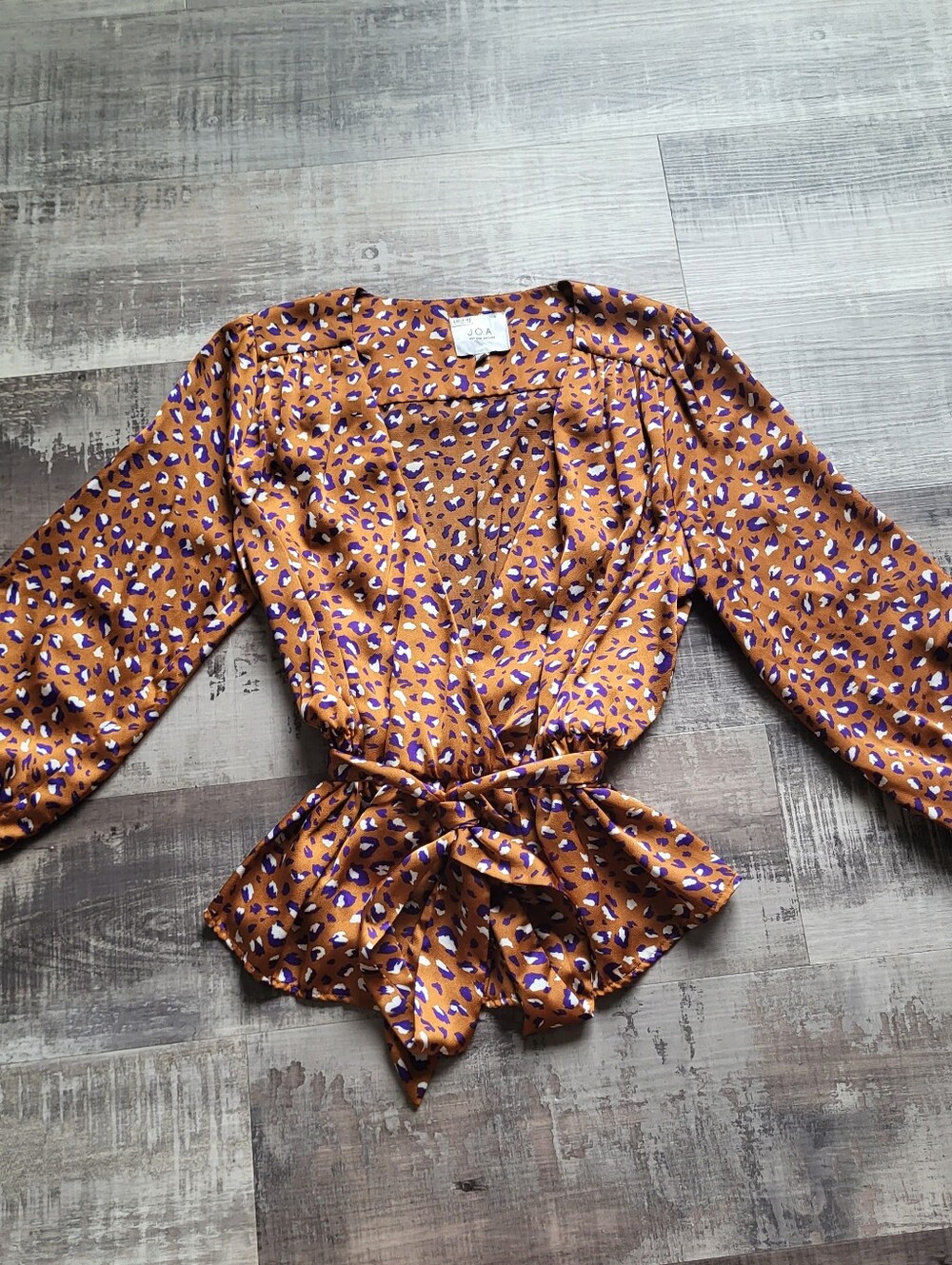 JOA Animal Print Wrap Top Blouse Mustard Purple Long Sleeve Peplum Tie Waist M
